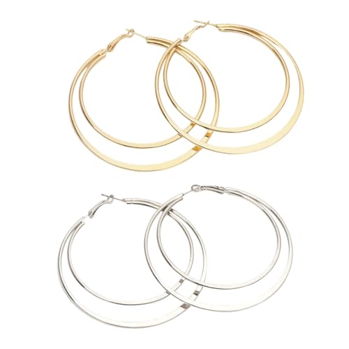 SAFIGLE 2 Paare Doppelter Geometrischer Ohrschmuck Extravaganter Damen Ohrringe Große Runde Creolen Leicht Metall Silber Gold Modisch Für Alltag Und Party von SAFIGLE
