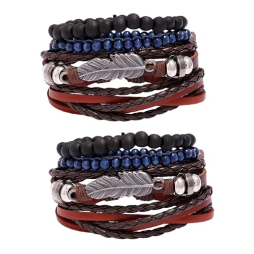 SAFIGLE 2 Sätze Armband Aus Leder Lederarmband Perlenarmband Mit Quaste Manschettenarmbänder Für Herren Herrenarmband Stretch-perlen-armreifen Frauen Armbänder Weben Mann Zubehör von SAFIGLE