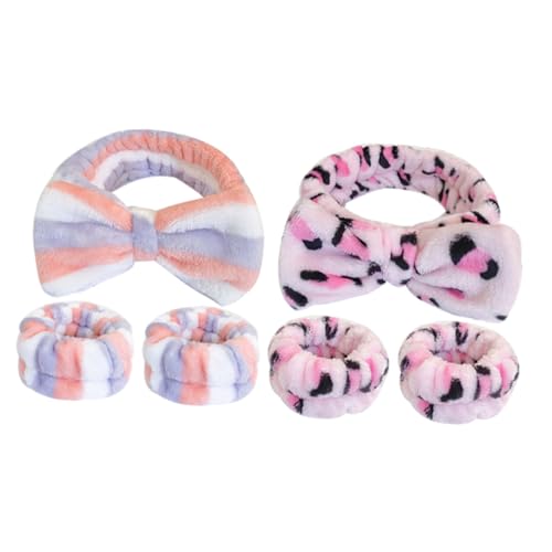SAFIGLE 2 Sätze Kopfbänder Handgelenk Tücher für Hautpflege Weiches Plüschmaterial Niedliches Schleifen Design für Spa und Make Up Teilig Leopardenmuster Blau Rot Gestreift von SAFIGLE
