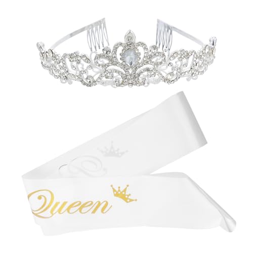 SAFIGLE 2 Stück Kristallbesetzte Hochzeit Krone und Prom Queen Schärpe Set Funkelnde Tiara Haarreif für Damen Abschlussball Party Braut Festlicher Schmuck und Accessoire von SAFIGLE