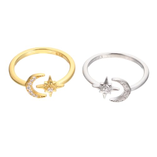 SAFIGLE 2 Stück Verstellbare Damen Ringe mit Mond Stern Design Offene Knöchelringe mit Funkelnden Strasssteinen Verstellbare Schmuckringe in Gold und Silber für Frauen Modische von SAFIGLE
