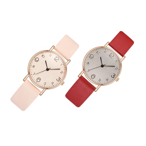 SAFIGLE 2stücke Pu Armbanduhr Für Damen Quarzuhr Mit Schlichtem Design Für Casual-Events Schule Und Freizeit Rot Beige von SAFIGLE