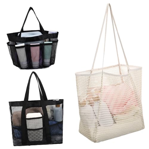 SAFIGLE 3 Stück Große Mesh Strandtasche Teiliges mit Nylon Leicht Geräumig Robustes Strandnetz für Urlaub Schwimmen Picknick Vielseitige Strand und Freizeittasche für Damen von SAFIGLE