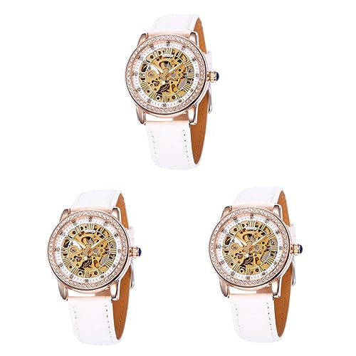 SAFIGLE 3stücke Damen Automatische Mechanische Armbanduhr Mit Pu-Band Weiß Elegante Uhr Für Frauen Unterstützt Stunden Minuten Und Sekundenanzeige Für Täglichen Gebrauch von SAFIGLE