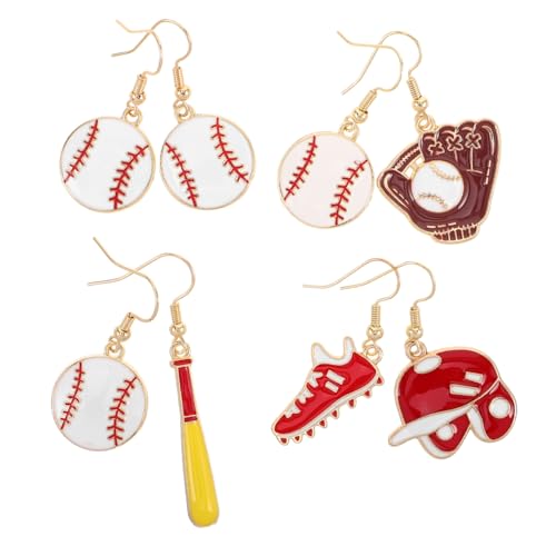 SAFIGLE 4 Paar Leichte Baseball Ohrringe Cartoon Design mit Asymmetrischem Hut und Schläger für Teenager Mädchen Sport Fans Alltag und Party Schmuck von SAFIGLE
