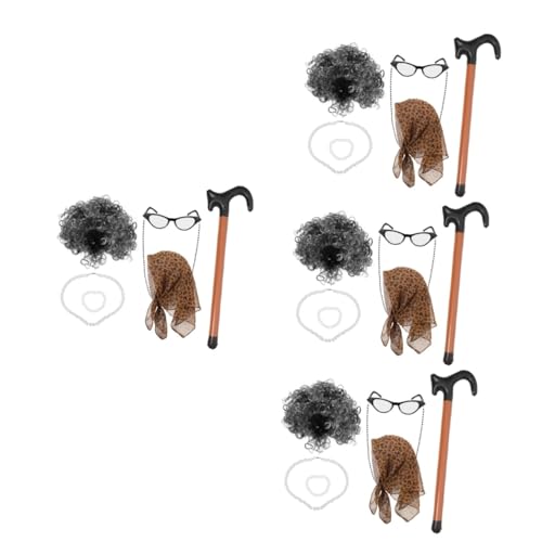 SAFIGLE 4 Sätze Anzug für ältere Menschen Marienkäfer Oma Perücken Perücke der alten Dame Lockenwickler Oma-Outfit für Frauen braune perücke Frauen Perücke Mädchenperücke Kostümprop Glas von SAFIGLE