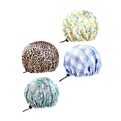 SAFIGLE 4 Stück Damen Duschhaube Wasserdichte Haarstyling Kappen für Bad Spa Makeup mit Elastischem Design und Verschiedenen Mustern Leopard Ananas Karierte Blumenprint von SAFIGLE
