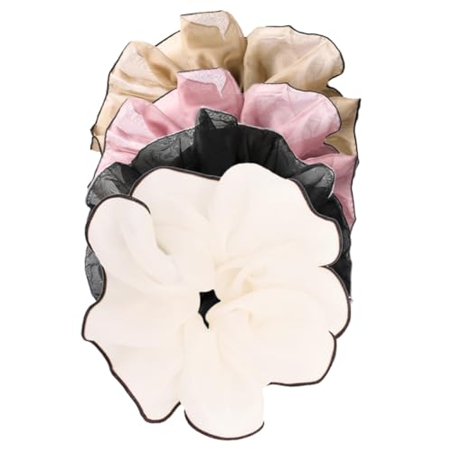 SAFIGLE 4 Stück Teiliges Extra Große Elastische Haargummis aus Netzstoff in Schwarz Khaki Rosa und Weiß Dehnbare Vielseitige Haarbänder für Damen und Mädchen Geeignet für Ponytails Partys von SAFIGLE
