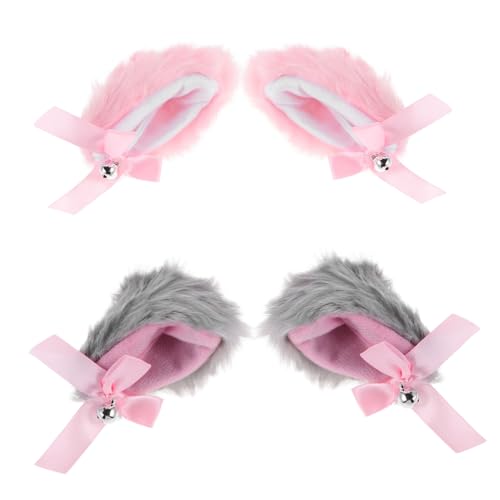 SAFIGLE 4 Stück Teiliges Katzenohr-haarclip Glocken Kuschelige für Frauen Vielseitig für Lolita Cosplay Halloween Weihnachten Partys Leicht und Komfortabel Graue und Rosa Farbkombination von SAFIGLE