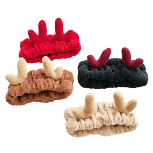 SAFIGLE 4 Stück Teiliges Weihnachts Haarband mit Weichem Plüsch Elastisch und Waschbar Modischer Rentier Stirnband für Make Up Dusche und Alltag Niedliches für Damen und Mädchen von SAFIGLE