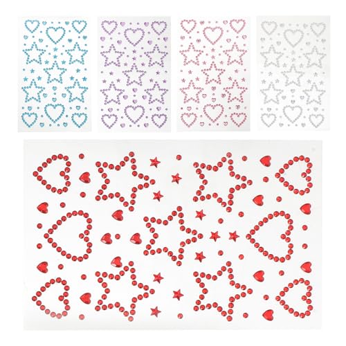 SAFIGLE 5 Bögen Aufkleber mit Edelsteinen fürs Gesicht – Strass-Aufkleber in Herz- und Pentagrammform fürs Gesicht – selbstklebende Make-up-Edelsteine zum Valentinstag von SAFIGLE