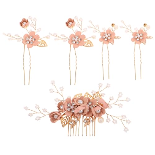 SAFIGLE 5 Stück Brautschmuck, Hochzeitsfeier, Abschlussball, Strass-Blumen-Haarkämme, Seitenschieber + U-förmige Blumen-Haarnadeln, Kopfschmuck für Bräute, Brautjungfern, Frauen und Mädchen, Rosa von SAFIGLE