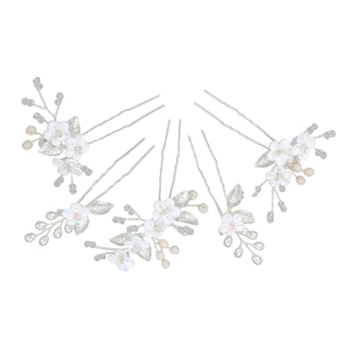 SAFIGLE 5 Stück Hochzeits Haarnadeln U Förmige Haarpins mit Weißen Soft Blumen und Silbernen Metallblättern Braut Haarschmuck für Frauen Vielseitig für Hochzeit und Festliche Anlässe von SAFIGLE