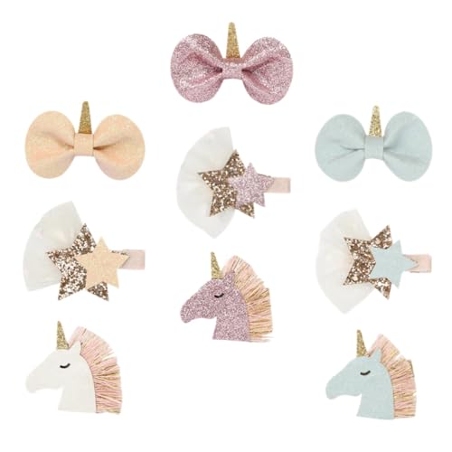 SAFIGLE 9 Stück Teiliges Haarnadel mit Einhorn Glitzer Schleife Sternen Bunte Haarclips für Mädchen Schonend Vielseitig für Partys Geburtstage Weihnachten Halloween Kreatives Haarschmuck von SAFIGLE
