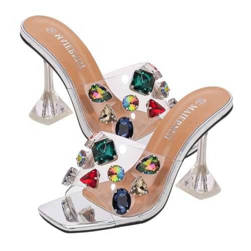 SAFIGLE Bequeme Damen Sandalen mit Absatz und Modischem Strassbesatz Sommerliche Outdoor slipper für Freizeit und Party Atmungsaktive Bequeme High heeled Schuhe für Frühling und Sommer von SAFIGLE