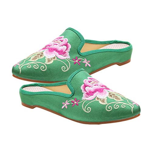 SAFIGLE Bestickte Damen Hausschuhe Ethno stil Spitze Zehen Freizeit Slippers mit Atmungsaktivem Stoff und Rutschfester Tpr sohle Leichter Bequemer Schuh für Haus und Alltag Grün von SAFIGLE