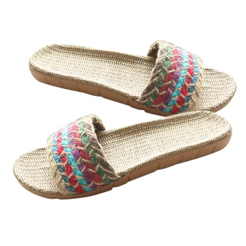 SAFIGLE Bohemian Stil Damen Hausschuhe aus Leinen Rutschfeste Atmungsaktive Indoor Pantoffeln Sommerliche Bequeme Slippers mit Stabiler Sohle Geeignet für Entspannte Stunden Zuhause von SAFIGLE