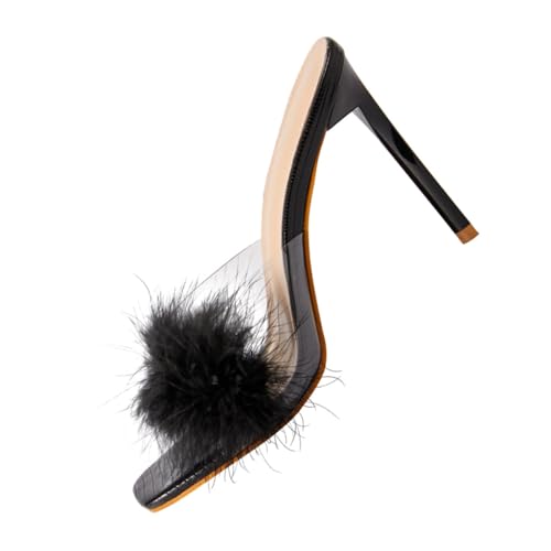 SAFIGLE Charming Thin Heel Sandals Damen Sommer Sandaletten mit Fluff Deko und Komfortsohle Schwarze Quadratische Zehenpartie Modische Leichte High Heels für Alltag und Party von SAFIGLE