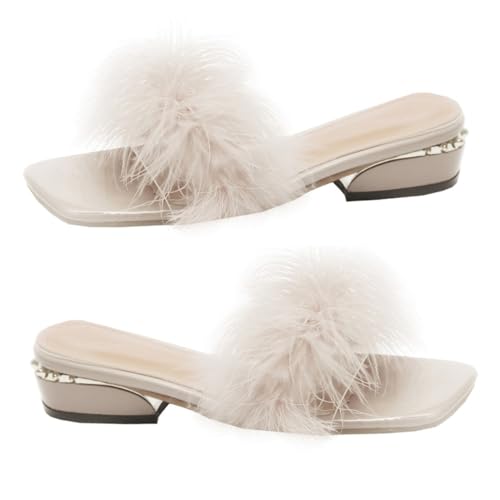 SAFIGLE Damen Hausschuhe Sommer Slipper Offene Zehen Chunky Heel Pantoletten Bequeme Atmungsaktive Freizeit Schuhe für Strand und Alltag in Beige von SAFIGLE
