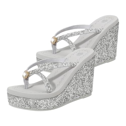 SAFIGLE Damen High Heels Sandalen Sommer Strandschuhe mit Glitzernden Pailletten und Diamanten Rutschfest Atmungsaktiv Modisch für Freizeit Strand Wohnzimmer Silber von SAFIGLE