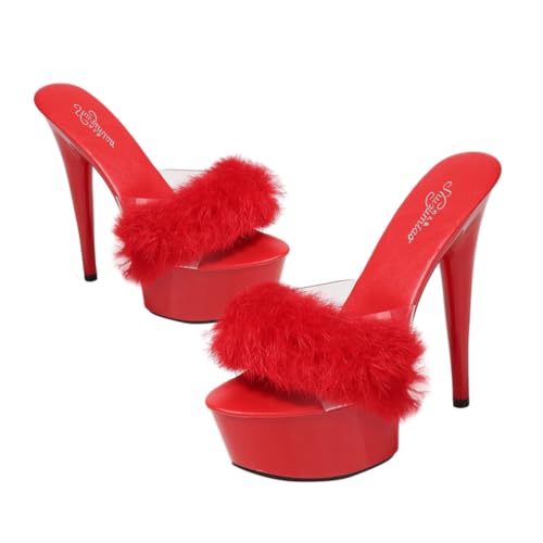 SAFIGLE Damen High Heels Sandalen mit Flauschiger Dekoration Sommerliche Bequeme Langlebige Schuhe in Rot Absatzschuhe für Heiße Tage und Besondere Anlässe von SAFIGLE