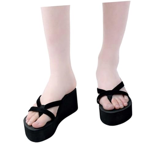 SAFIGLE Damen Keilabsatz Sandalen Schwarz Anti rutsch Sommer Strand Flops Leicht Bequem Alltagsschuhe für Freizeit und Indoor von SAFIGLE