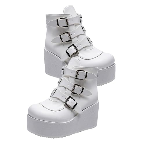 SAFIGLE Damen Kurzschaft Stiefel PU Material Rundspitze Rutschfeste Ankle Boots mit Dickem Absatz Komfortable Alltagsstiefel für Frühling Herbst Weiß von SAFIGLE