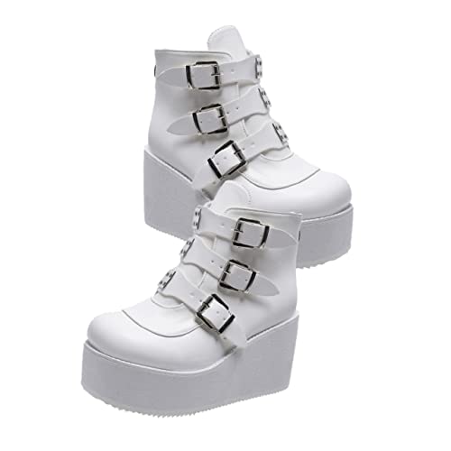 SAFIGLE Damen Kurzschaft Stiefel mit Dickem Absatz Retro PU Runde Zehen Kurzstiefel für Frühling Herbst Bequeme Innensohle Weiß von SAFIGLE