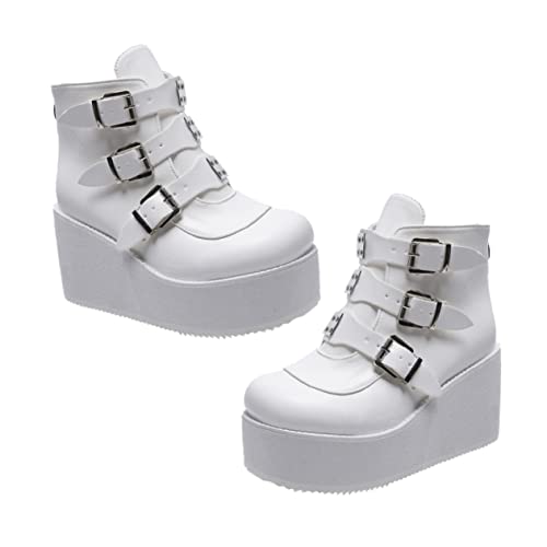 SAFIGLE Damen Kurzschaft Stiefeletten mit Dickem Blockabsatz Runde Zehen PU Material Vintage Stil und Langlebig Jahreszeiten Tragbar Weiße Schuhe von SAFIGLE