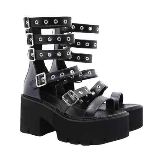 SAFIGLE Damen Sandalen mit Blockabsatz Dicke Sohle Elastisches Design Bequeme Sommer Schuhe Modische Plateau Sandaletten Geeignet für Strand und Alltag Schwarz von SAFIGLE