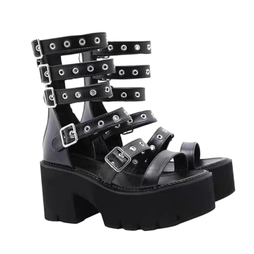 SAFIGLE Damen Sandalen mit Dickem Absatz Sommerliche Plateau-schuhe PU Riemchen Elastisch Bequem und Strapazierfähig Schwarz Modische Freizeit-sommerschuhe von SAFIGLE