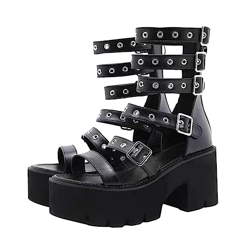 SAFIGLE Damen Sandalen mit Dickem Absatz Strapazierfähige Sommerschuhe Atmungsaktive Elastische Riemen Bequeme Strand und Freizeitschuhe in Schwarz von SAFIGLE