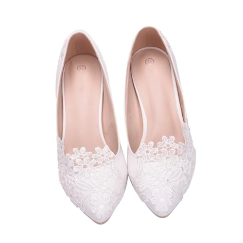 SAFIGLE Damen Spitzen Hochzeitsschuhe Weiß Absatz Pointy Heels Sommer Brautschuhe mit Schnürung und Stabilem Festliche Anlässe und Alltag von SAFIGLE