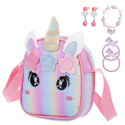 SAFIGLE Einhorn Umhängetasche Mit Reißverschluss Kawaii Geldbörse Kinderarmbändern Verstellbarer Schulterriemen Mädchen Farbenfrohe Regenbogen-Designs von SAFIGLE