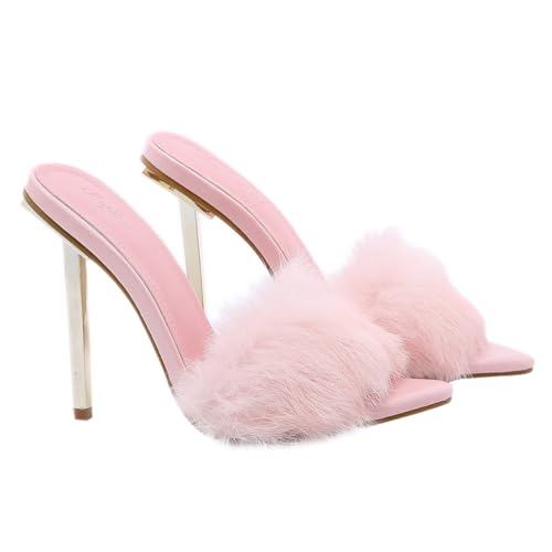 SAFIGLE Flauschige High Heels Sandalen Damen Elegant Modisch PU Hoher Dünner Absatz Rosa zu Röcken Jeans Stilvoll Komfortabel von SAFIGLE