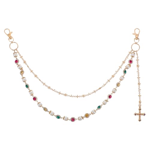 SAFIGLE Geldbörsenkette – Metall-Hosenkette für Damen mit Kunstperlenblume, bunter Strass-Kreuz-Dekoration – mehrlagiger Körperschmuck für Hosen von SAFIGLE