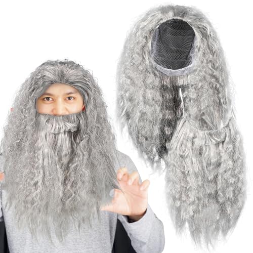 SAFIGLE Halloween Cosplay Perücke und Set Langes Graues Kostümzubehör für Party und Karneval Geeignet für Erwachsene Fotorequisiten Verwendbar von SAFIGLE