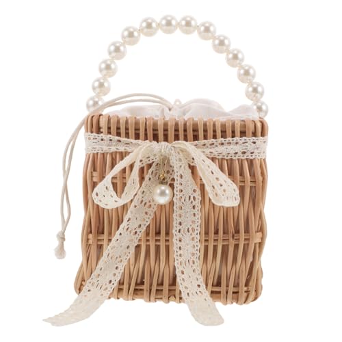 SAFIGLE Handgefertigte Damen Rattan Tasche mit Perlenkette Leichte Atmungsaktive Vintage Strohtasche Handgewebte Boho Schultertasche für Sommerurlaub Strand und Festliche Anlässe von SAFIGLE