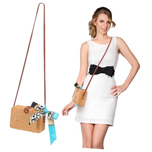 SAFIGLE Handgewebte Strohtasche Damen Sommer Clutch mit Dekorativem Seidenschal Leichte Strand Umhängetasche mit Ausreichend Stauraum Vielseitige Strandtasche für Frauen und Mädchen von SAFIGLE