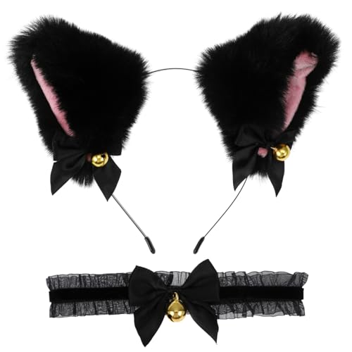 SAFIGLE Katzenohren Haarreif und Halsband Set Verstellbarer Cosplay Haarschmuck mit Glöckchen Schwarzes Spitzen Halsband Süßes Katzenkostüm Zubehör für Karneval Fasching Party und Alltag von SAFIGLE