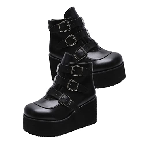 SAFIGLE Retro PU Damen Stiefeletten mit Rundkopf Rutschfeste Gummisohle Mittelhoher Blockabsatz Kurzstiefel für Jahreszeiten und Langlebig Schwarz von SAFIGLE