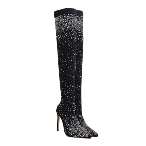 SAFIGLE Rhinestone High heel Boots Damen Spitze Stiefeletten Schwarze Absatzschuhe Modisch Komfortabel für Frühling Herbst Winter von SAFIGLE