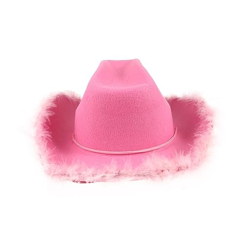 SAFIGLE Strohhüte Rosa Cowboyhut Mexikanischer Hut Rosafarbener Cowboyhut Frauenhut Cowboyhut Für Frauen Trendiger Cowgirl-hut Flauschiger Cowboyhut Cosplay- -hut Party- -hut Feder Damen von SAFIGLE