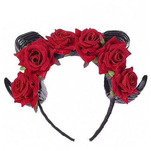 SAFIGLE Rotes Samt Horn Haarreif mit Rosenblüten Breites Halloween Stirnband Realistische Blüten Haarschmuck für Cosplay Party Fotorequisiten Wiederverwendbar Bequem und Langlebig von SAFIGLE