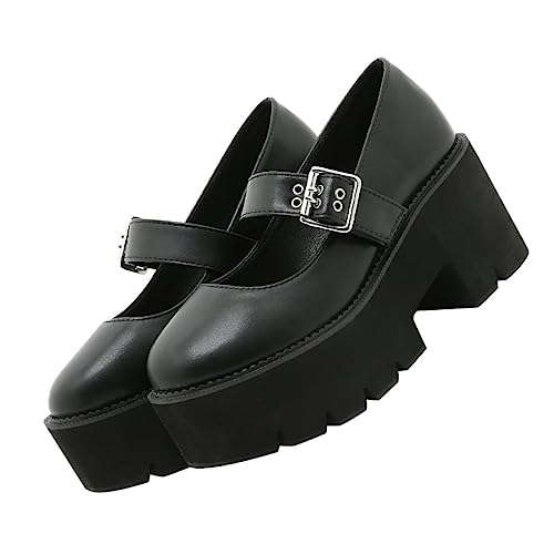 SAFIGLE Runde Damenschuhe mit Metallverschluss Flache rutschfeste Freizeitlederschuhe Atmungsaktiv und Langlebig Geeignet für Arbeit Party Hochzeit Alltag Schwarz von SAFIGLE