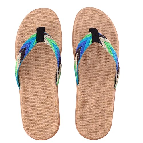 SAFIGLE Rutschfeste Flip flops aus Leinengewebe Bequeme Hausschuhe mit Flacher Sohle Freizeit Strandschuhe für Damen und Herren Blau grün Leicht Anzuziehen Langlebig und Vielseitig von SAFIGLE