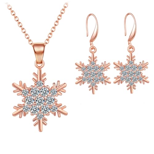 SAFIGLE Schneeflocken Schmuckset Damen Halskette Ohrringe Set Roségold Eleganter Winter Schmuck für Weihnachten Party Festliche Anlässe von SAFIGLE