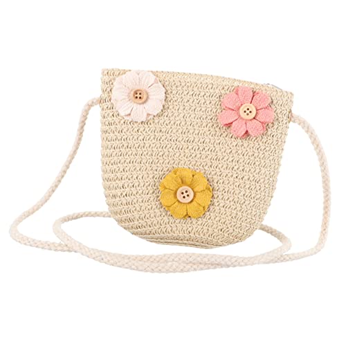 SAFIGLE Stroh Umhängetasche für Mädchen Gewebte Schultertasche Kleine Kindertasche mit Blumendekor Leichte Strandtasche Sommer Tasche für Kinder von SAFIGLE
