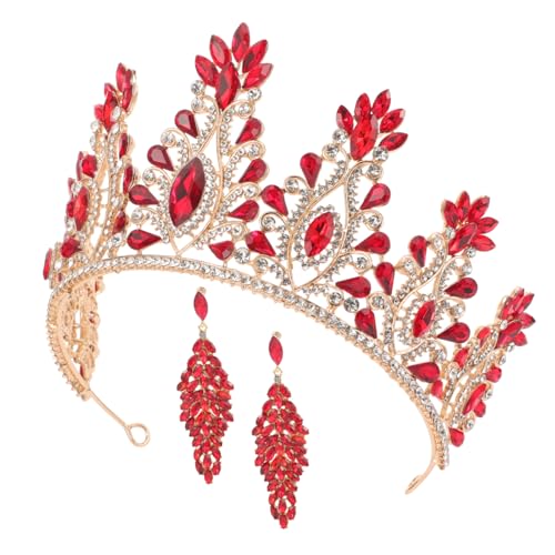 SAFIGLE Strahlendes Brautschmuck Set mit Funkelnder Strasskrone und Ohrringen Elegantes Diadem mit Rotem Kristallblatt Design Vielseitiges Accessoire für Hochzeit Ball und Festliche von SAFIGLE