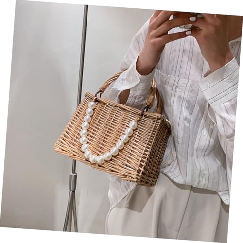 SAFIGLE Strandtasche Damen aus Robustem Stroh mit Perlenverzierung Kleine Handliche Handtasche mit Kordelverschluss Modische Sommer Beach Bag für Strand Shopping und Urlaub von SAFIGLE